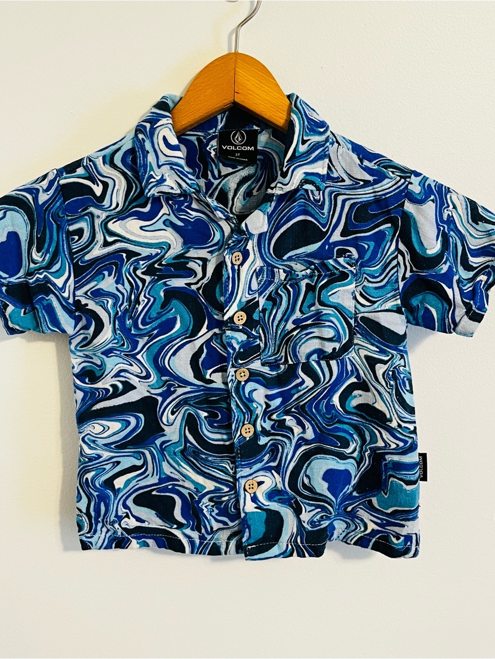 Volcom Linen Marble Swirl Button Down Shirt Blue Short Sleeve Toddler Boys 3T